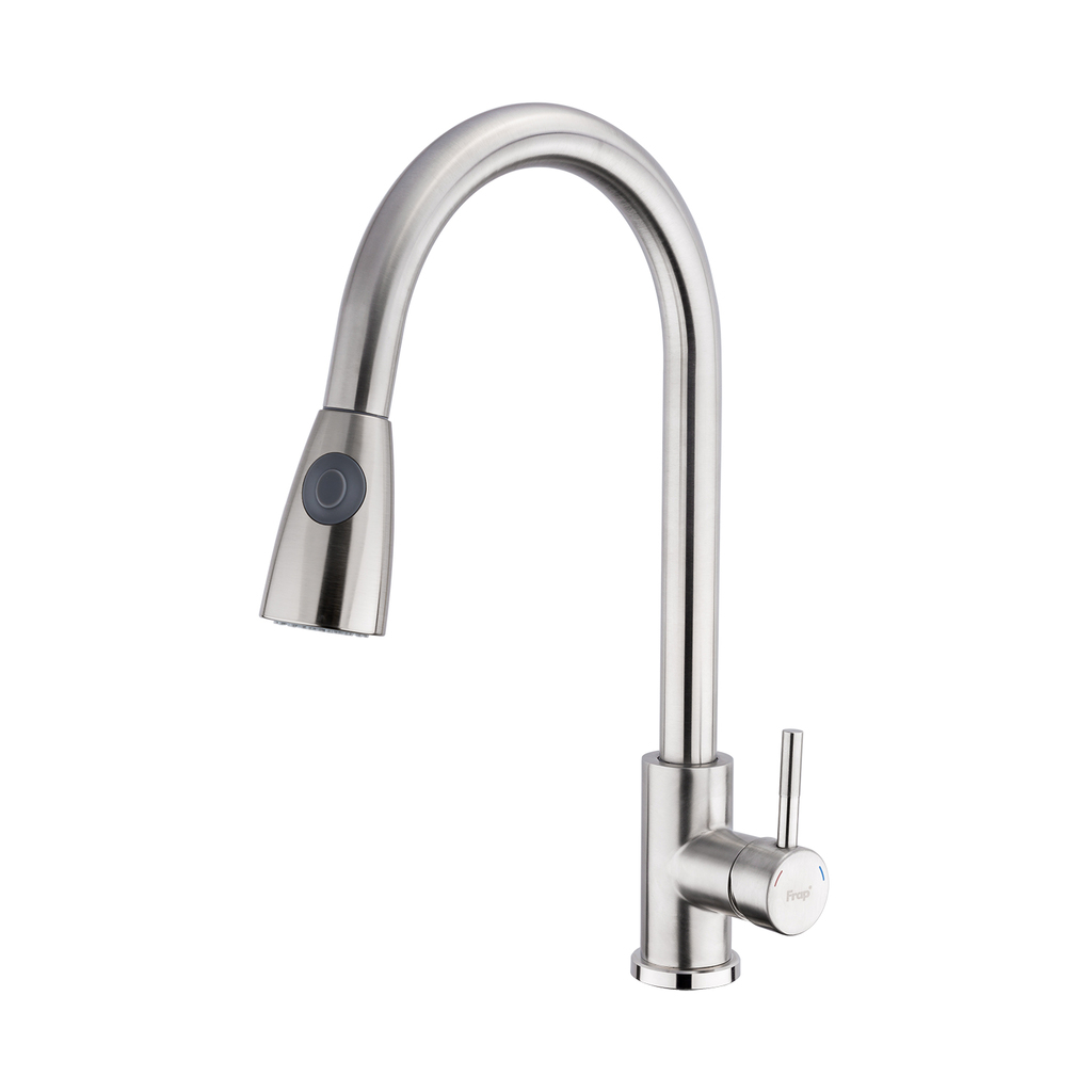 Смеситель для кухни душ 35к F60899-1 FRAP (выс.пов.излив, ВЫДВИЖ.ЛЕЙКА 2 реж, п/гайку, САТИН, нерж)