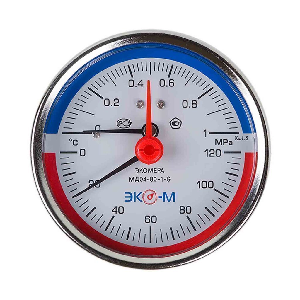 Термоманометр 63х1/4'' с переходником 1/2'' 120С 10 Бар МД04 (осевое подкл.) ЭКОМЕРА
