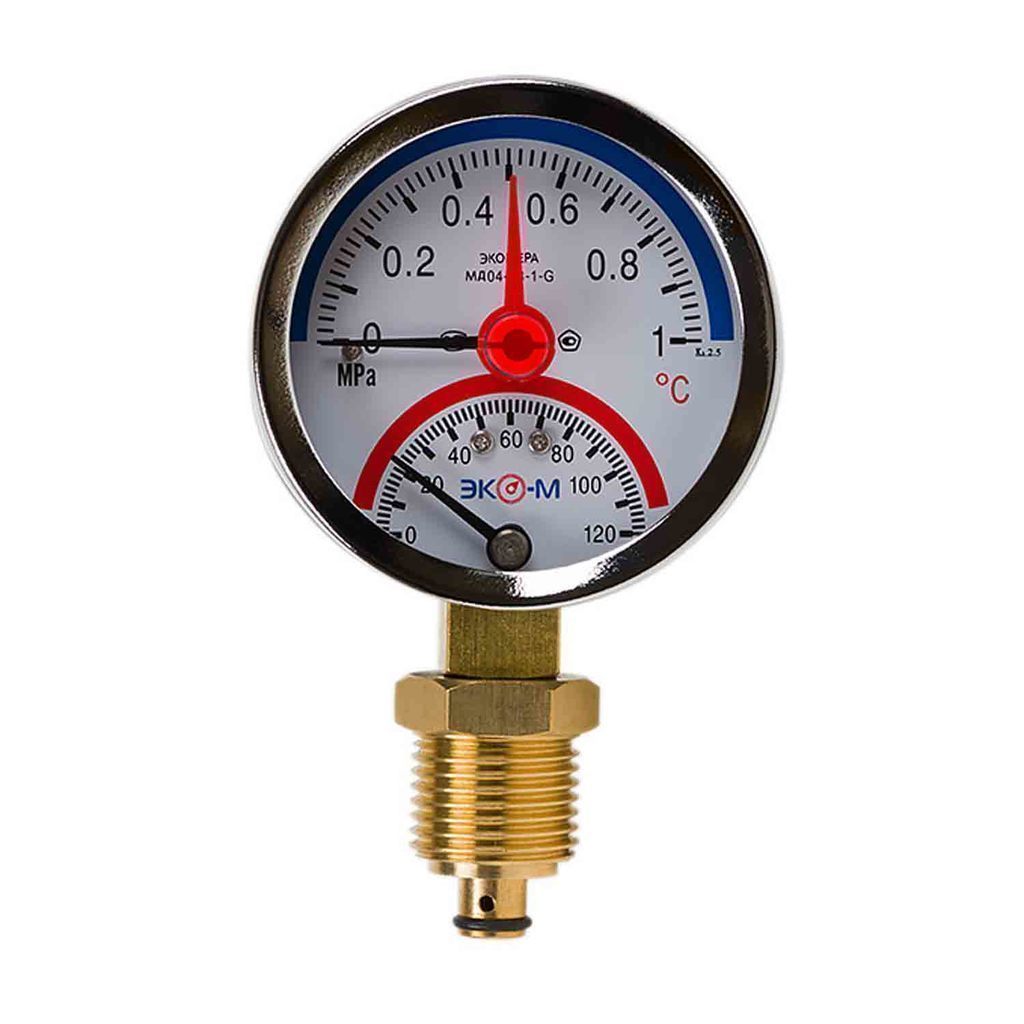 Термоманометр 63х1/4'' с переходником 1/2'' 120С 10 Бар МД04 (нижнее радиальное подкл.) ЭКОМЕРА