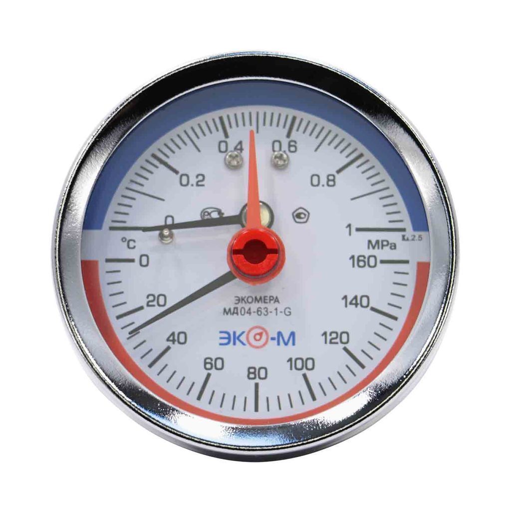 Термоманометр 63х1/4'' с переходником 1/2'' 160С 10 Бар МД04 (осевое подкл.) ЭКОМЕРА